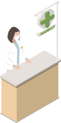 Graphic representation of pharmacy staff dispensing medicines to patients