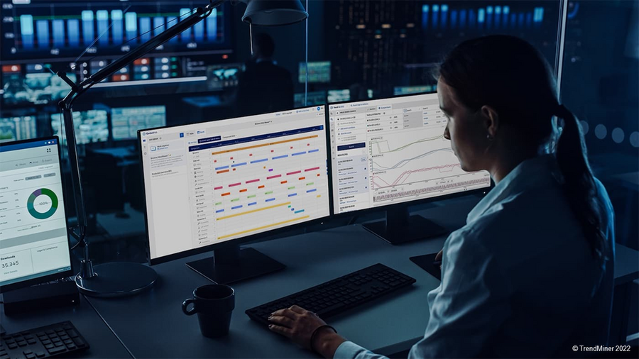 Mitarbeiterin arbeitet mit zwei Bildschirmen, auf denen TrendMiner Dashboards zu sehen sind - MEGLA
