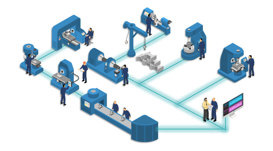 Graphic representation of a production hall with connected machines and integrated systems