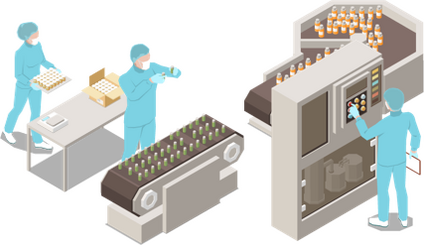 Graphic representation of a pharmaceutical production line for medicine manufacturing